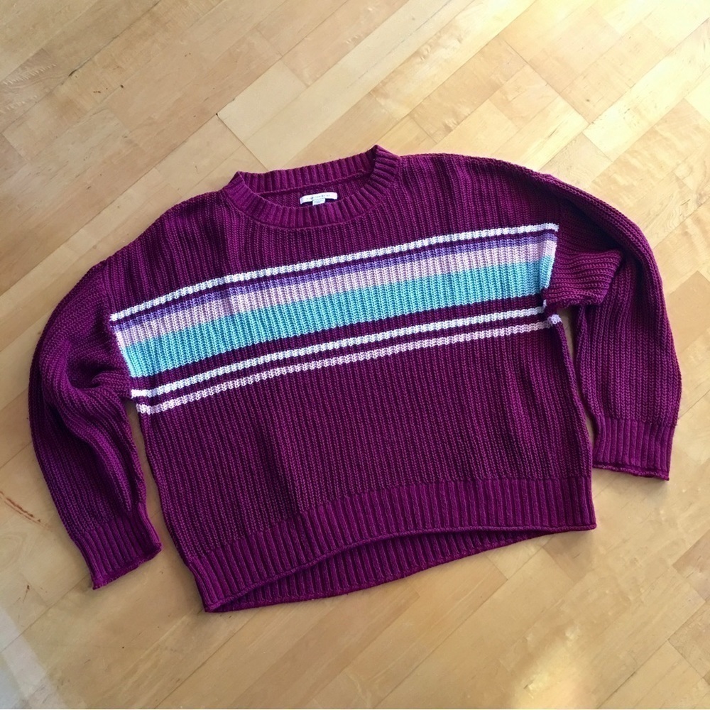 American Eagle Striped Shaker Style Knit Sweater, Burgundy, Aqua, White, Size M